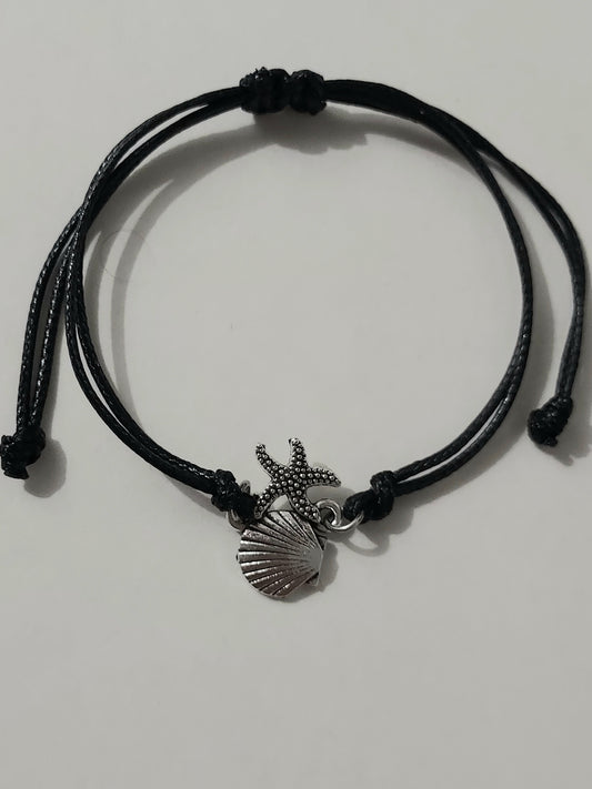 Bracelet réglable noir motif coquillage argenté unisex - Shella