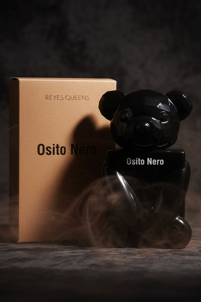 Flacon d'eau de parfum homme Reyes Queen Osito Nero de LunellaB, avec design élégant et bouteille noire brillante.