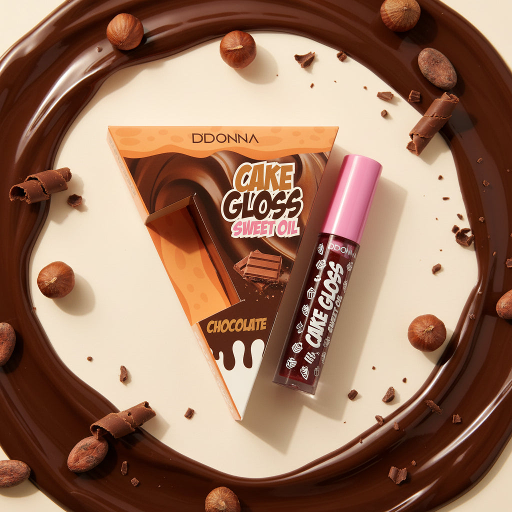 Huile gloss chocolat pour lèvres de LunellaB, application lumineuse et hydratante pour un effet brillant naturel.