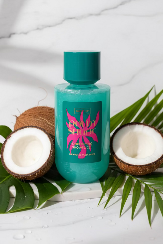 Gel douche scintillant LunellaB Palm Shade, flacon avec liquide translucide et étiquette colorée, pour une douche rafraîchissante.