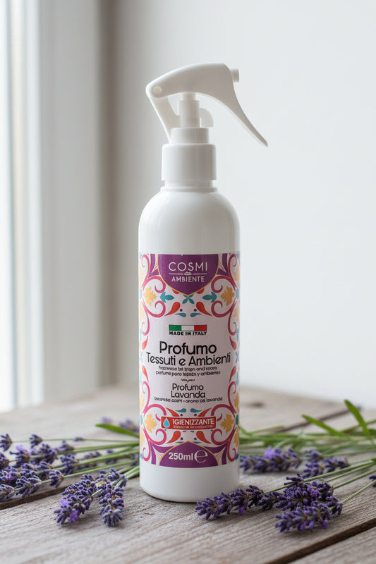 Spray parfumé pour tissus et environnement hygiénisant à la lavande LunellaB, flacon de 250ml avec vaporisateur.