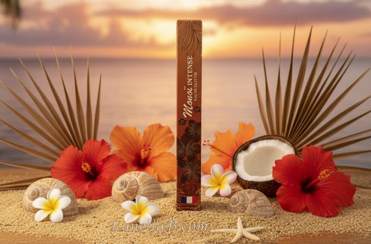 LunellaB Monoï Intense eau de parfum bottle with floral design and golden accents on a white background.