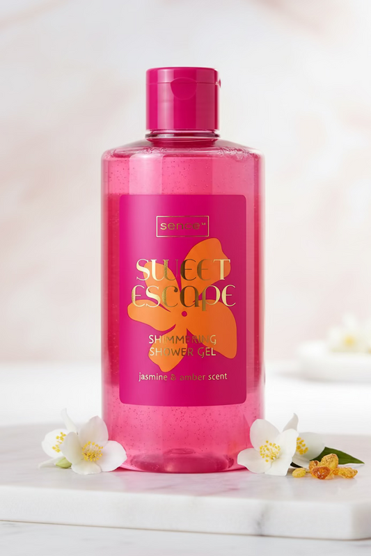 Gel douche scintillant LunellaB Sweet Escape avec texture brillante et parfum Floral, visible dans l’image.