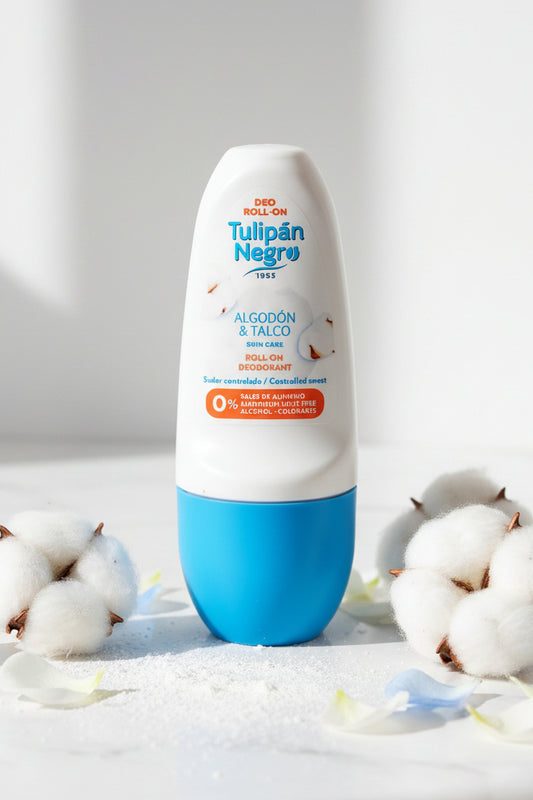 Déodorant roll-on LunellaB Tulipan Negro avec parfum coton et talc, flacon blanc et design élégant.