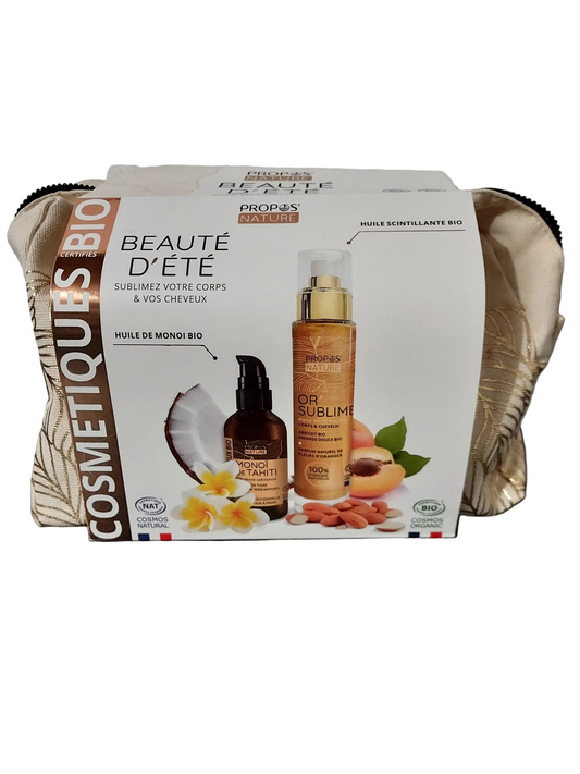 Trousse beauté d'été LunellaB avec produits de soin et maquillage dans une pochette colorée, idéale pour la saison estivale.