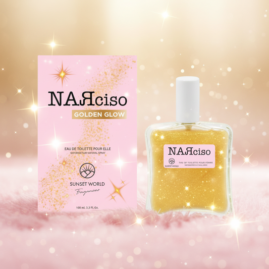 Eau de toilette pour femme LunellaB NARciso Golden Glow Sunset World 100ml avec flacon élégant et design lumineux.