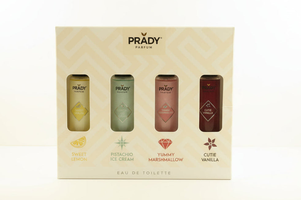 Coffret Kaelia by Prady featuring four mini gourmand perfumes arranged in an elegant gift box.